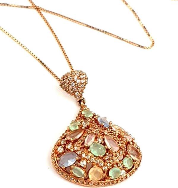 kalsedon pembe kuvars zirkon taş detaylı 925 ayar gümüş rose kolye - Image 1