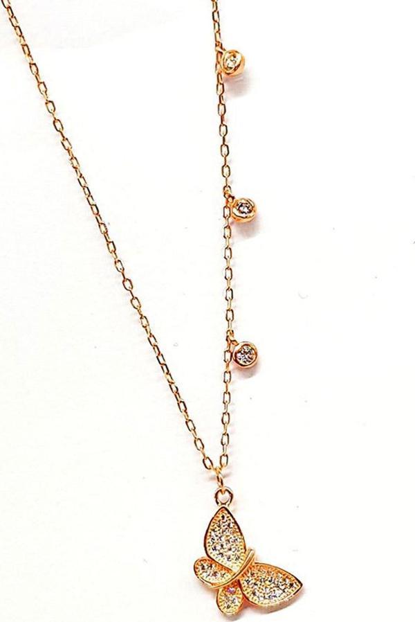 Kelebek figürlü zinciri taş detaylı pırlanta ışıltısında zirkon taşlı kolye  - Image 1