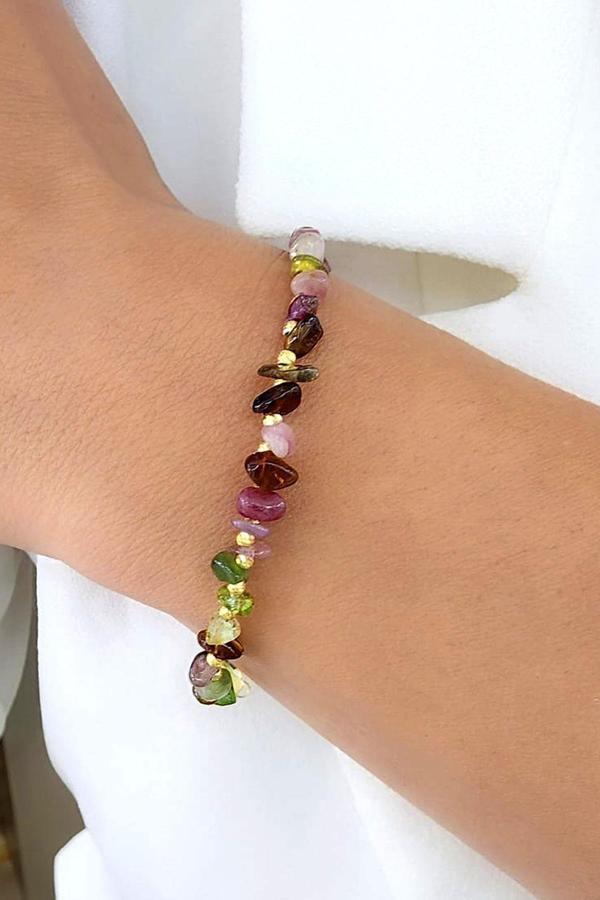 Dogal Turmslin Taslı 925 Ayar Gümüş Üzerıne Altın  Kaplama Dorika Detaylı Doğal taş bıleklık  - Image 1