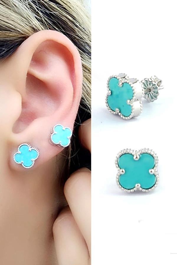 Amazonit Taş Detaylı 925Ayar Gümüş İtalyan Tasarımı Yonca Küpe Özel Seri - Image 1