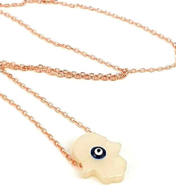 Fatmanin eli figürlü nazar boncuklu sedef taşlı 925 ayar gümüş rose kolye  - Image 1