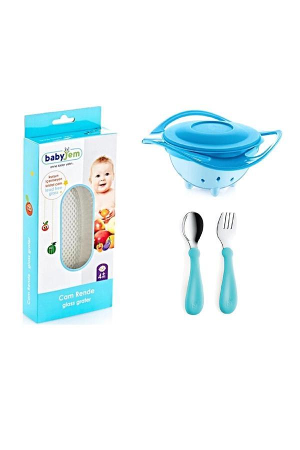 Babyjem Cam Rende + Dökülmeyen Tabak Mavi + Paslanmaz Çelik Çatal Kaşık Seti Turkuaz - Image 1