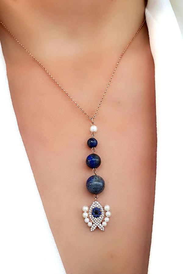 Kum inci detaylı Lapis Lazuli Taşlı 925ayar Gümüş Üzerine Rose Altın Kaplama Ayarlanabilir Asansörlü Trend Balık Kolye - Image 1