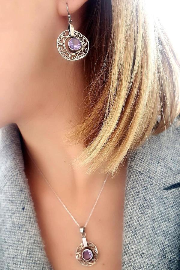 Ametist Taşlı 925ayar Gümüş El İşi Tasarım Set Takım kolye - Image 1