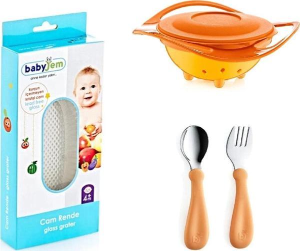 Babyjem Cam Rende + Dökülmeyen Tabak Turuncu + Paslanmaz Çelik Çatal Kaşık Seti Somon - Image 1