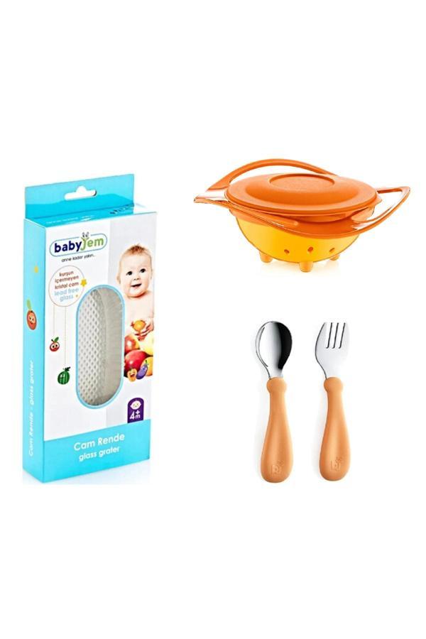 Babyjem Cam Rende + Dökülmeyen Tabak Turuncu + Paslanmaz Çelik Çatal Kaşık Seti Somon - Image 1