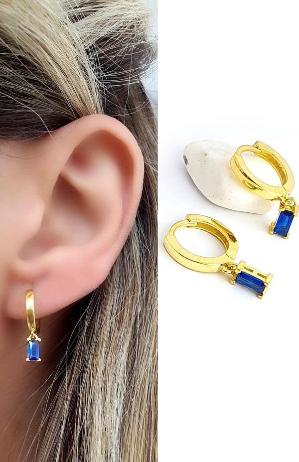 Lacivert Baget Zirkon Taşlı 925ayar Gümüş Üzerine Altın Kaplama Luxury Tasarım Sallantılı Minimal Küpe - Image 1