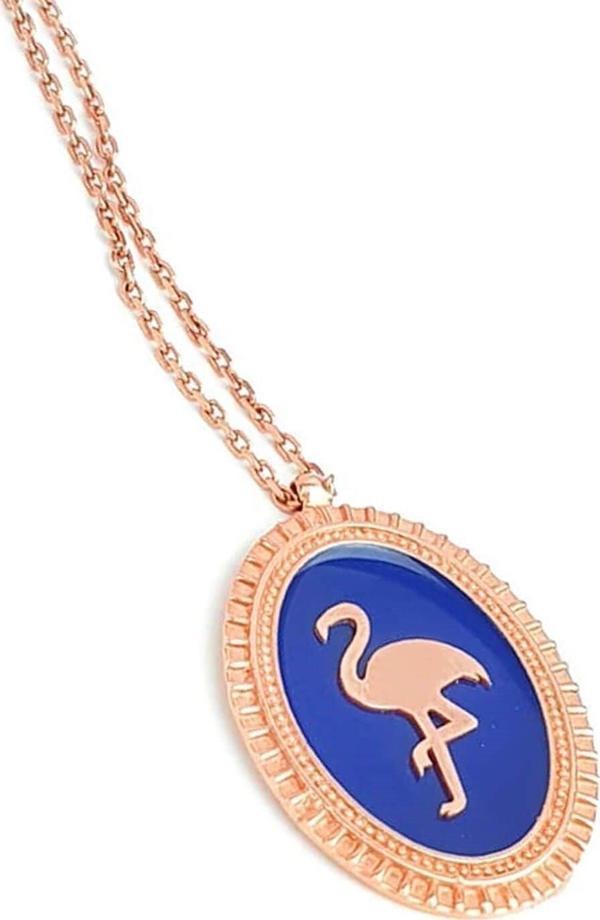 Lacivert mineli 925 ayar gümüş rose pelikan oval plaka kolye - Image 1