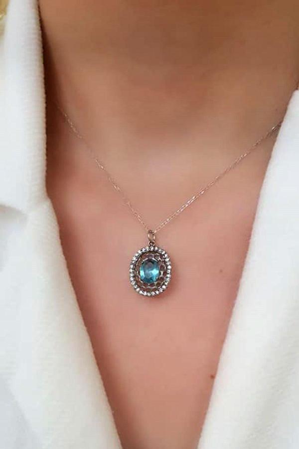 Aquamarin taşlı gümüş tasarım kolye - Image 1