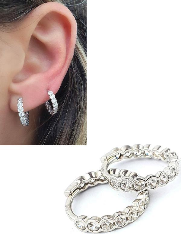 Arkası önü Zirkon Taşlı 925 ayar Gümüş Halka Küpe  - Image 1