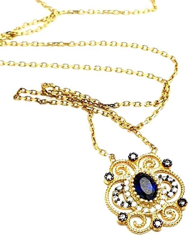 Lacivert zirkon taşlı gümüş üzerine altın kaplama kolye - Image 1