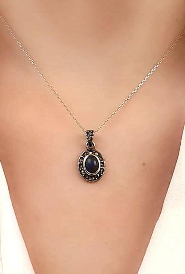 Markazit taşlı lapis 925ayar gümüş kolye  - Image 1