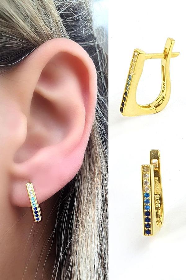 Mavi Geçişli Zirkon Taşlı 925ayar Gümüş  Üzerine Altın Kaplama Luxury Tasarım Çubuk Halka Küpe - Image 1