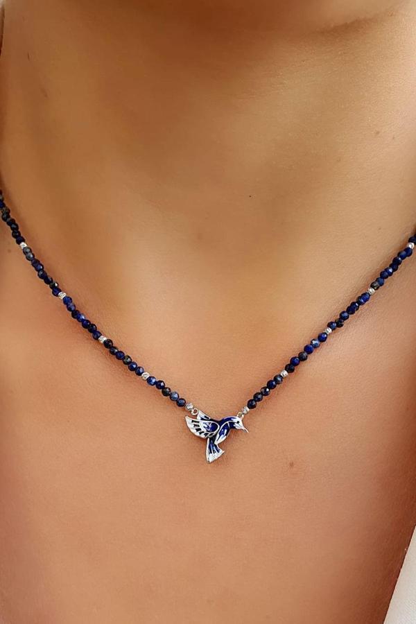 Lapis Lazuli Taşlı 925ayar Gümüş Tasarım Totem Kuşu Doğal Taş Kolye - Image 1