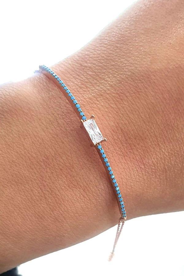 mavi turkuaz ve Zirkon Taşlı 925 ayar Gümüş Rose Bileklik - Image 1