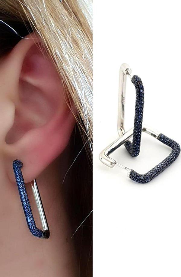 Mavi zirkon taş detaylı italyan tasarımı 925 ayar gümüş lüks dikdörtgen küpe  - Image 1