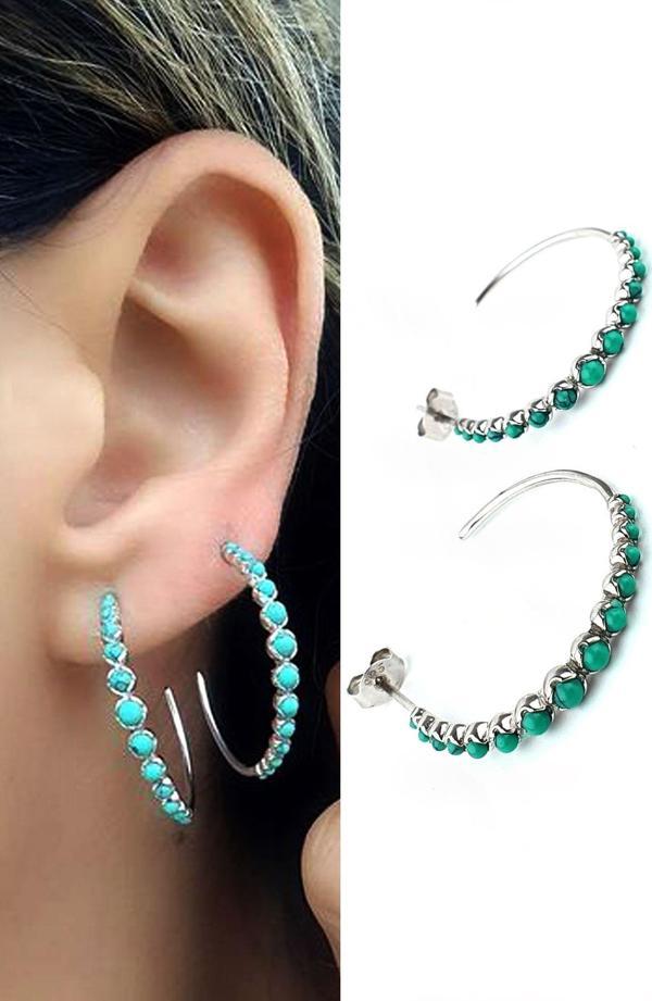 İtalyan Tasarımı 925ayar Gümüş Turkuaz Taşlı Yarım Halka Küpe Özel seri  - Image 1