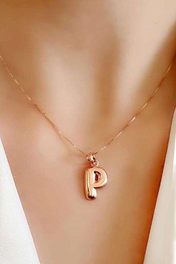 P harfi 925 ayar gümüş rose bombeli harf kolye - Image 1