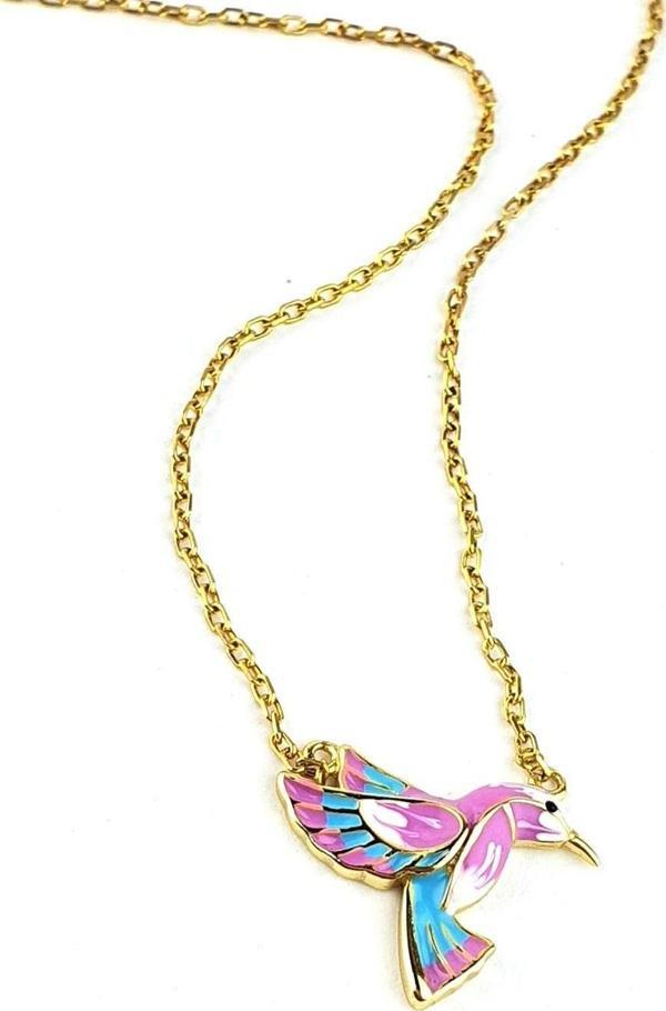 Pembe Mineli El İşi 925ayar Gümüş Üzerine Altın Kaplama Totem Kuşu Kolye - Image 1