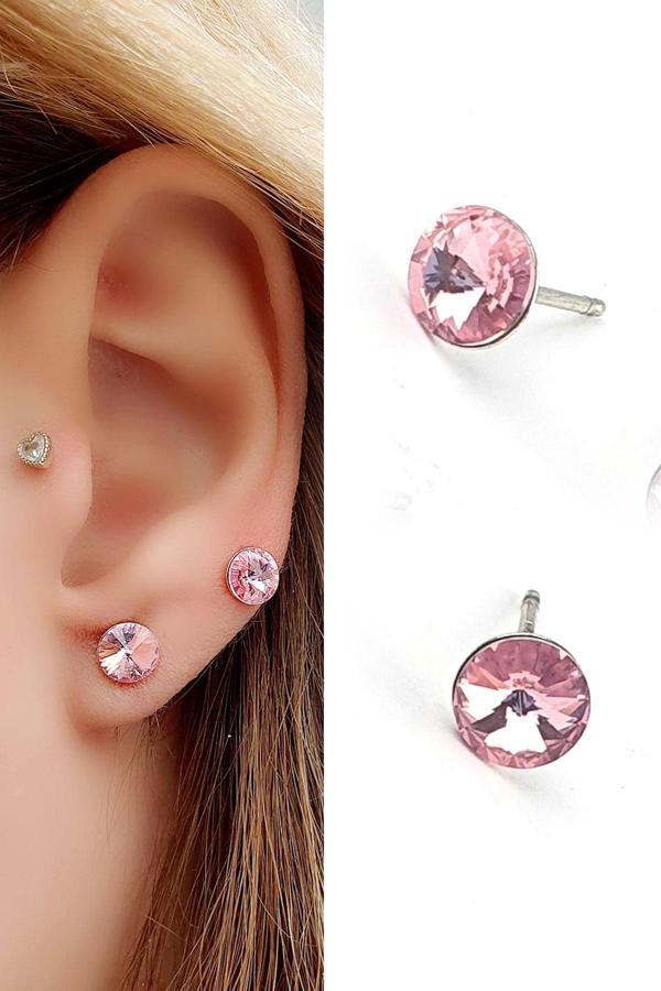 Pembe Swarovski Taşlı 925ayar Gümüş Tek Taş Küpe - Image 1