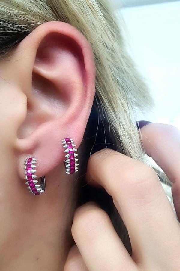 Pembe Zirkon Taşlı 925ayar Gümüş Luxury Tasarım Halka Küpe - Image 1