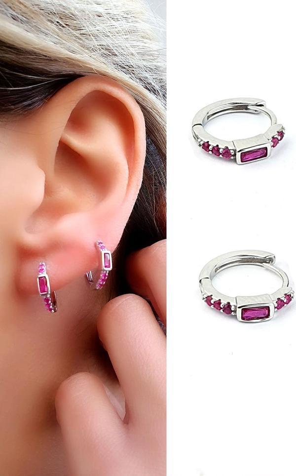 Pembe Zirkon Taşlı 925ayar Gümüş Luxury Tasarım Halka Küpe  - Image 1