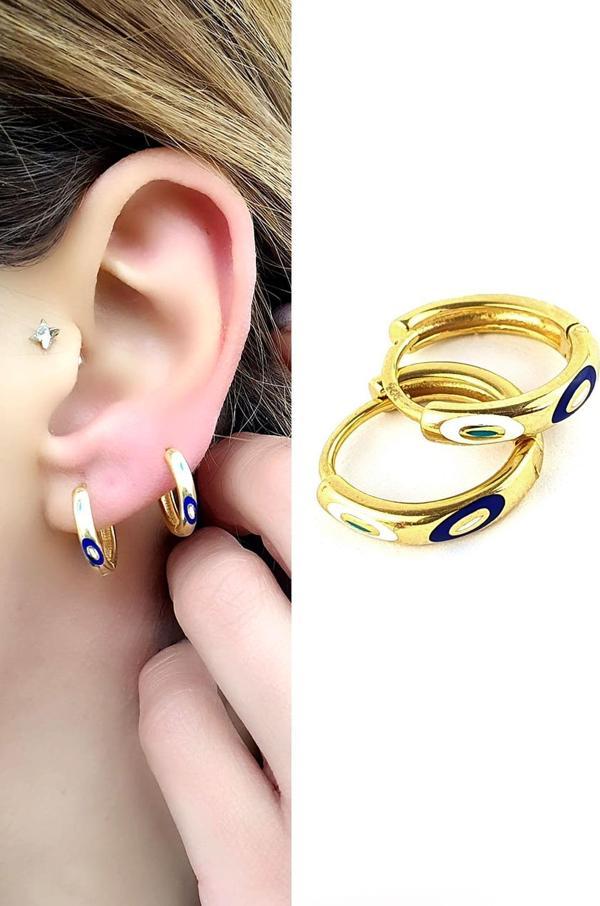 Mineli Nazar Boncuklu 925 ayar Gümüş Üzerine  Altın Kaplama Bonita Trend Halka Küpe 1.5 cm çap - Image 1