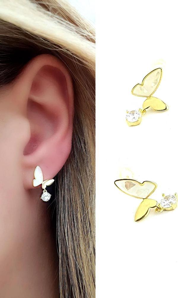 Sedef Taşlı 925ayar Gümüş Üzerine  Altın Kaplama El İşi Tasarım Kelebek Küpe  - Image 1