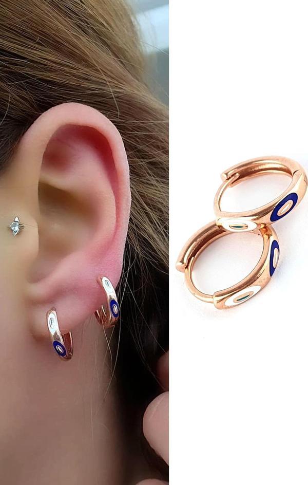 Mineli Nazar Boncuklu 925ayar Gümüş Üzerine Rose Altın Kaplama Bonita Trend Halka Küpe  - Image 1