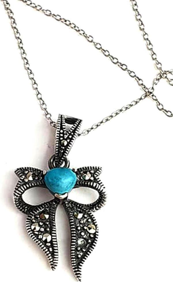 turkuaz ve markazit taşlı gümüş fiyonk kolye - Image 1