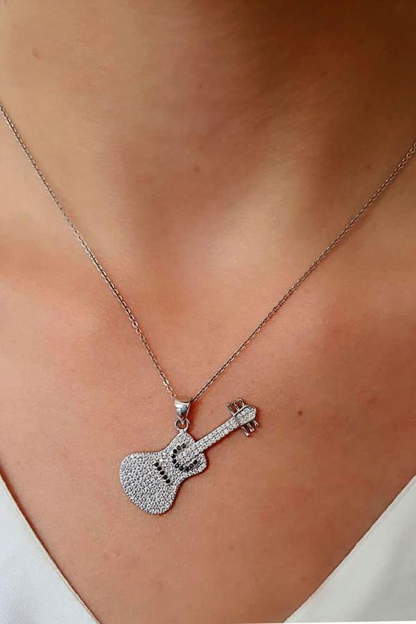 pırlanta ışıltısında zirkon tasli gitar figürlü gümüş kolye  - Image 1