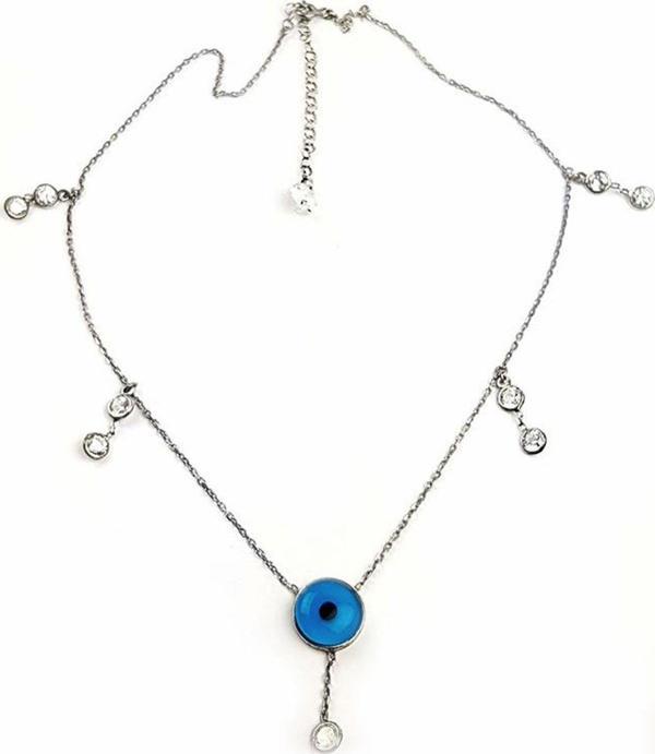Nazar Boncuklu Zirkon Taş detaylı Gümüş Şans Kolyesi  - Image 1