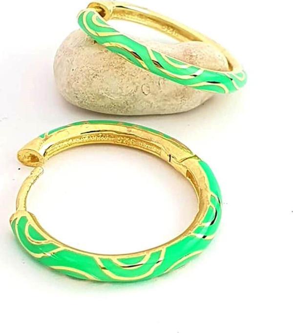 Neon Yeşil mineli 925 ayar gümüş üzerine altın kaplama halka küpe 2.3 cm çap   - Image 1