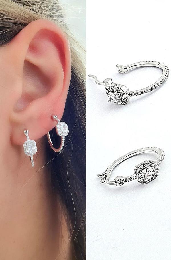 Pırlanta Parlaklığında Baget Zirkon Taşlı 925ayar Gümüş Halka Küpe - Image 1