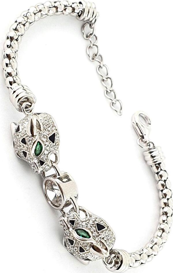 Pırlanta Parlaklığında Zirkon Taşlı 925ayar Gümüş İtalyan Tasarımı Kaplan Bileklik - Image 1