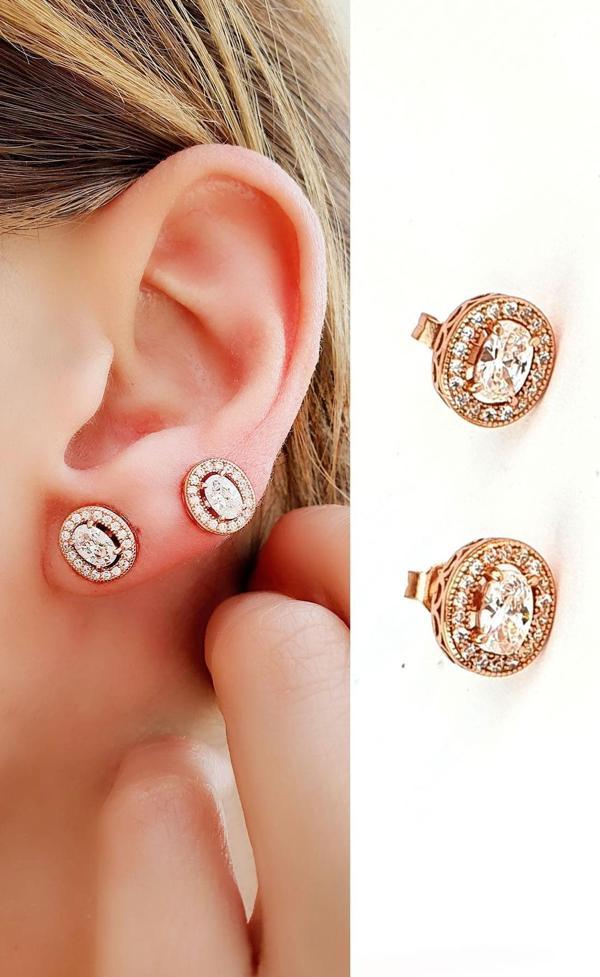 Swarovski Taşlı 925ayar Gümüş Üzerine Rose Altın Kaplama Oval Tek Taş Küpe  - Image 1