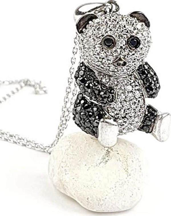 Oniks ve zirkon taşlı tasarım gümüş panda kolye  - Image 1