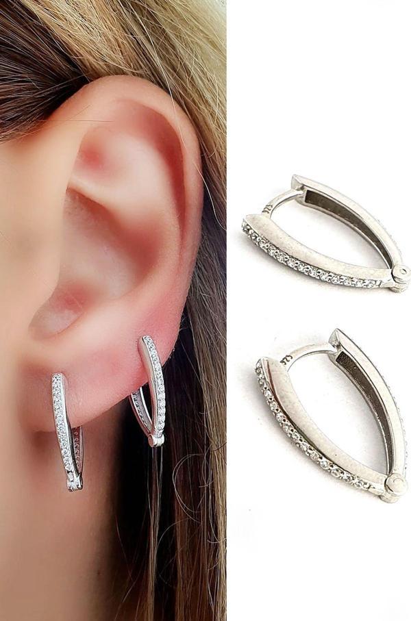 Zirkon Taş Detaylı 925ayar Gümüş  V Halka Küpe  - Image 1