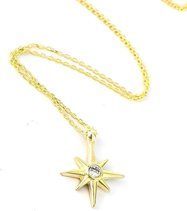 Zirkon Taş Detaylı 925ayar Gümüş Üzerine Altın Kaplama Kutup Yıldızı Minimal Kolye - Image 1
