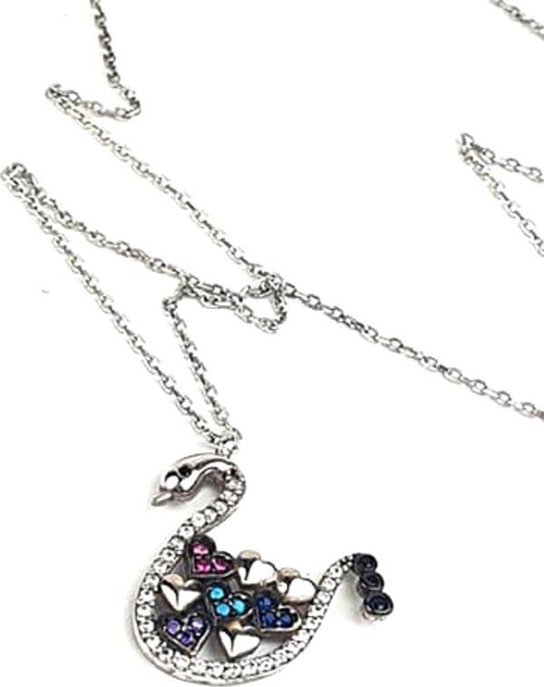 Renkli taşlı 925 ayar gümüş kuğu kolye - Image 1