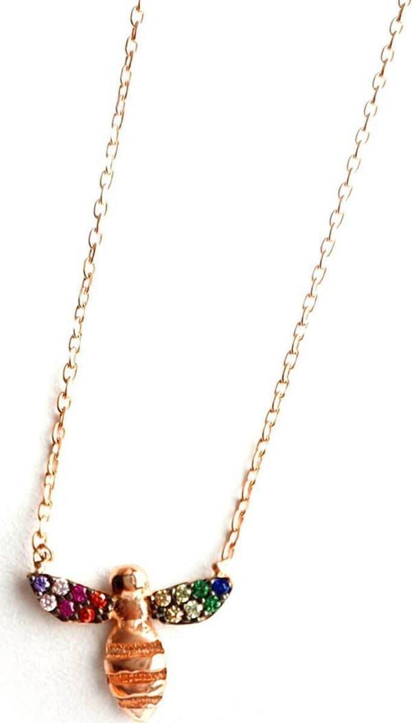 Renkli Zirkon Taşlı 925 ayar Gümüş Rose Arı kolye  - Image 1