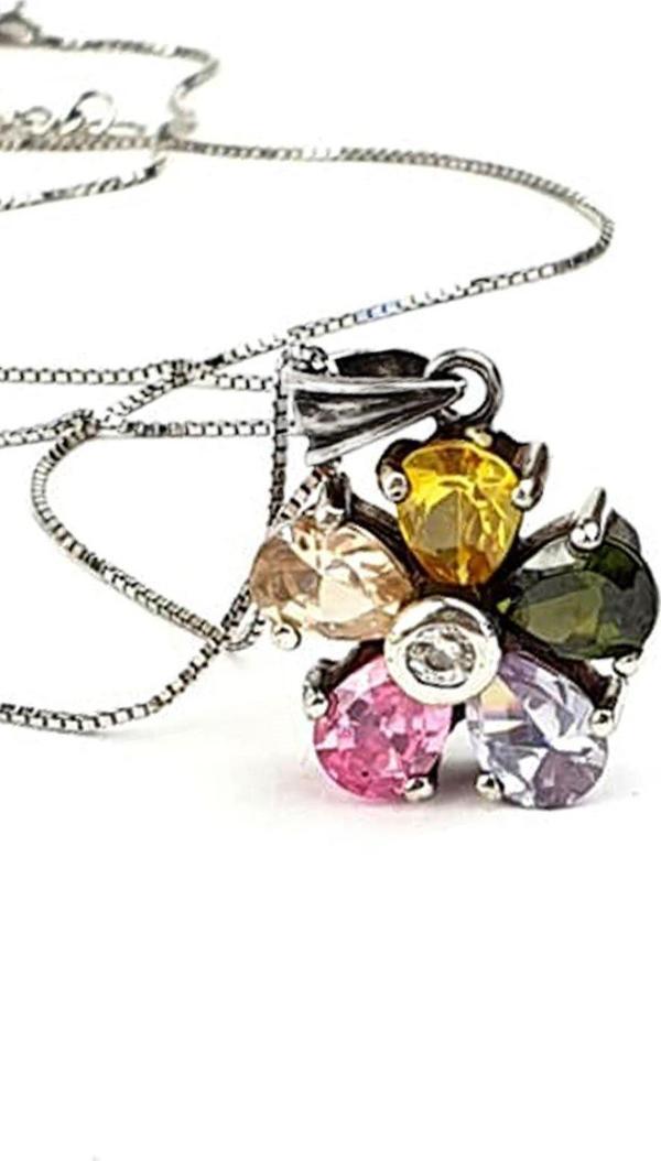 Renkli zirkon taşlı 925 ayar gümüş tasarım çiçek kolye - Image 1