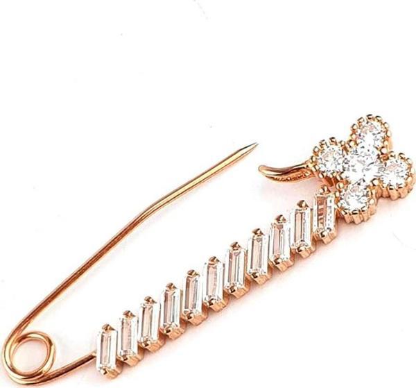 Zirkon Taş Detaylı 925ayar Gümüş Üzerine Rose Altın Kaplama Çengelli İğne Yaka İğnesi Broş - Image 1