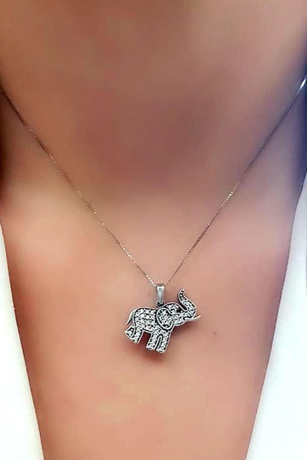Zirkon taş detaylı fil figürlü gümüş kolye - Image 1