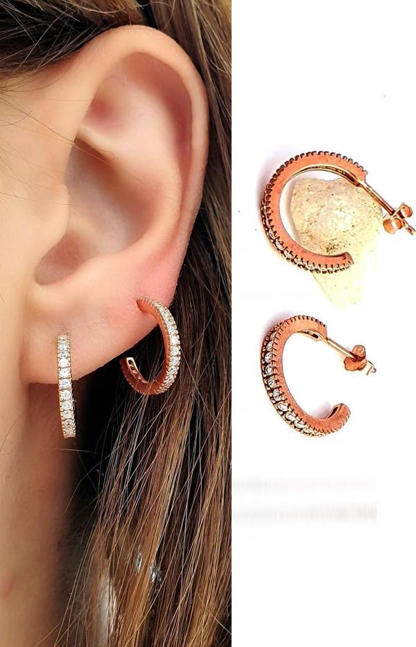 Zirkon Taşlı 925 ayar Gümüş Yarım Halka Küpe 1.5 cm çap - Image 1