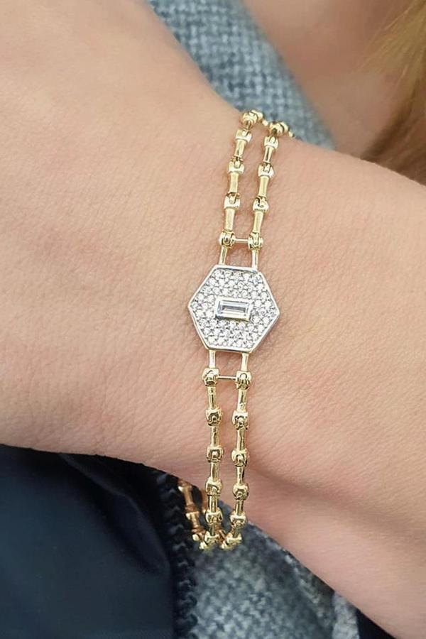 Zirkon Taşlı 925ayar Gümüş Üzerine Altın Kaplama Luxury Tasarım Şık Bileklik - Image 1