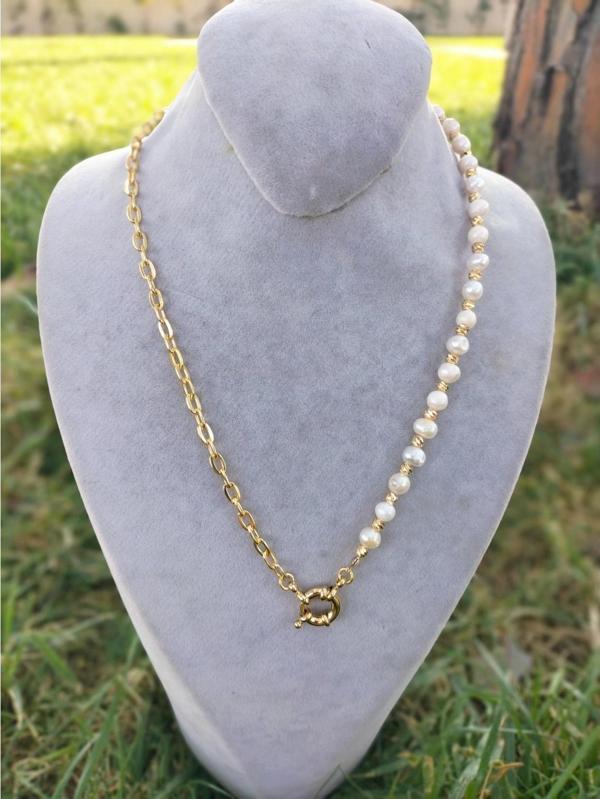 Gerçek İnci Zincir Detaylı Gemici Kilitli Kolye - Image 1