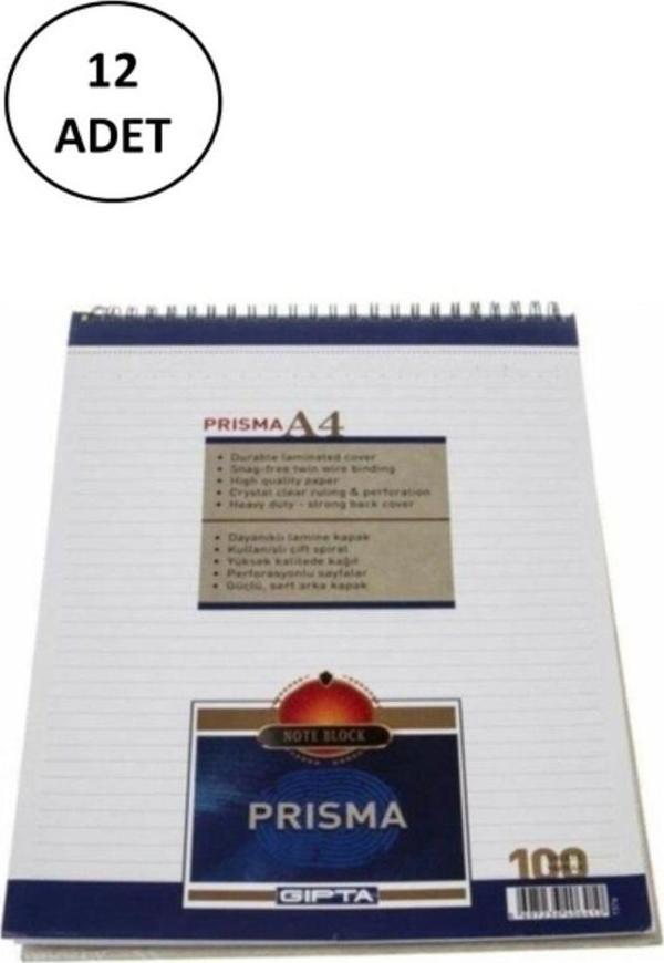 Mbb E-Ticaret Gıpta Prisma Bloknot A-4 Spiralli Karton Kapak 100 Yaprak Çizgili 12 Adet - Image 1