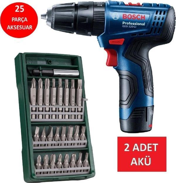 Bosch Darbeli Matkap Çift Akülü Şarjlı Matkap Akülü Vidalama + 25 Parça Vidalama Ucu Seti - Image 1