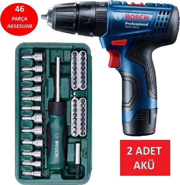 Bosch Darbeli Matkap Çift Akülü Şarjlı Matkap Akülü Vidalama + 46 Parça Vidalama Ucu Lokma Ucu - Image 1